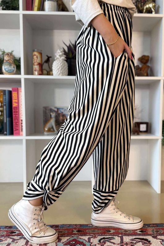 The Sunday Morning Stripe Twist Pant Black Ecru